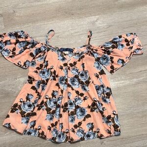 Blue Rain Floral Off-Shoulder Blouse in Peach and Blue
